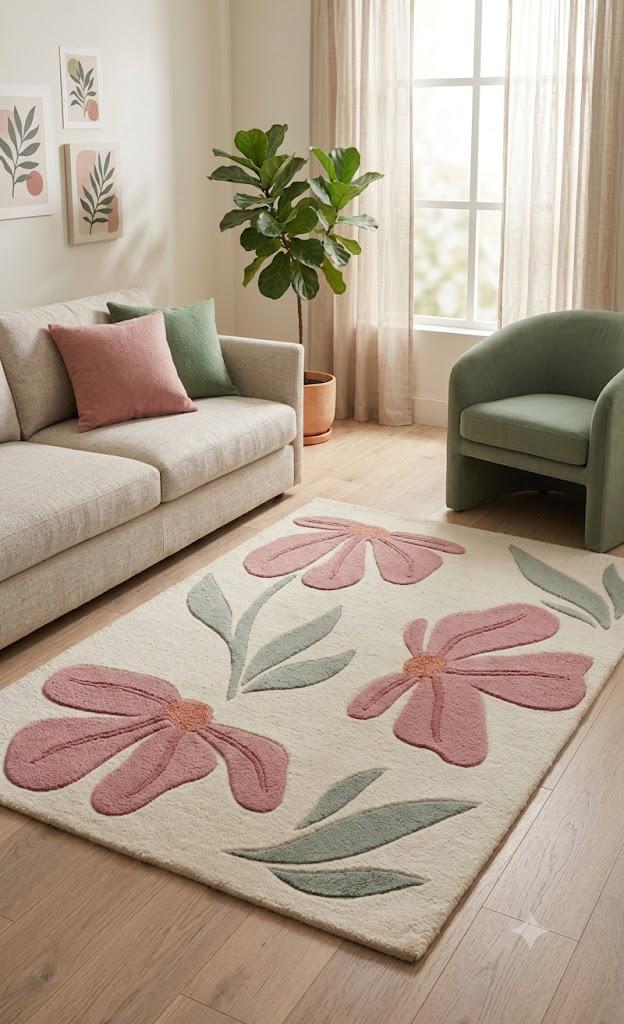Modern Floral Area Rug, Pink Flower Rug, Cream Handmade Rug
