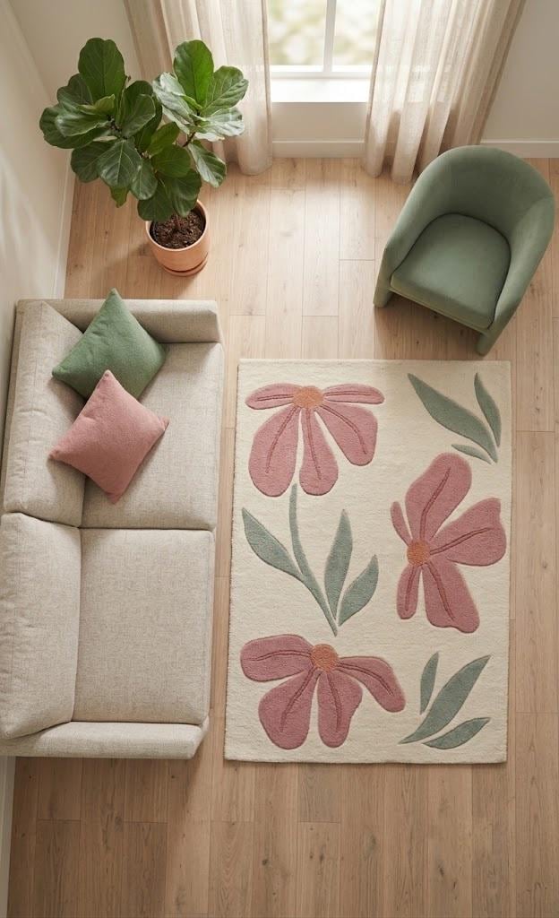 Modern Floral Area Rug, Pink Flower Rug, Cream Handmade Rug