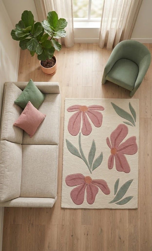 Modern Floral Area Rug, Pink Flower Rug, Cream Handmade Rug