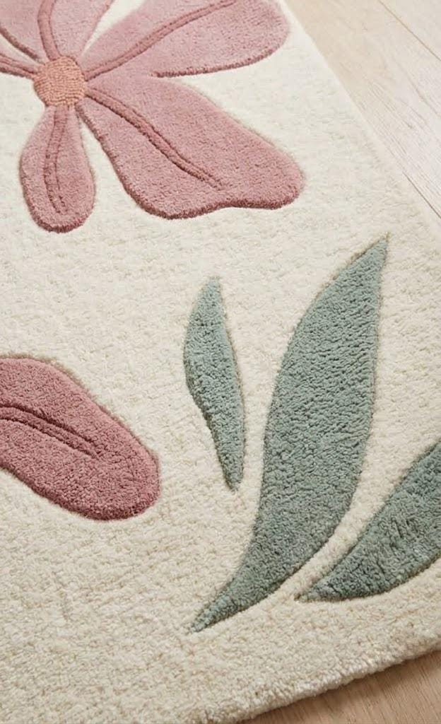Modern Floral Area Rug, Pink Flower Rug, Cream Handmade Rug