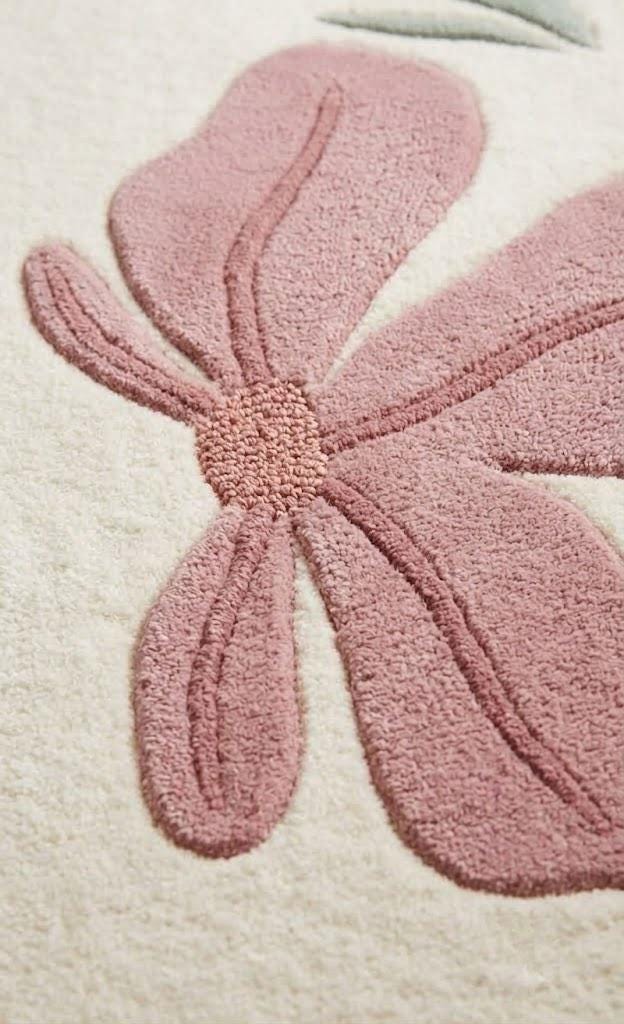 Modern Floral Area Rug, Pink Flower Rug, Cream Handmade Rug