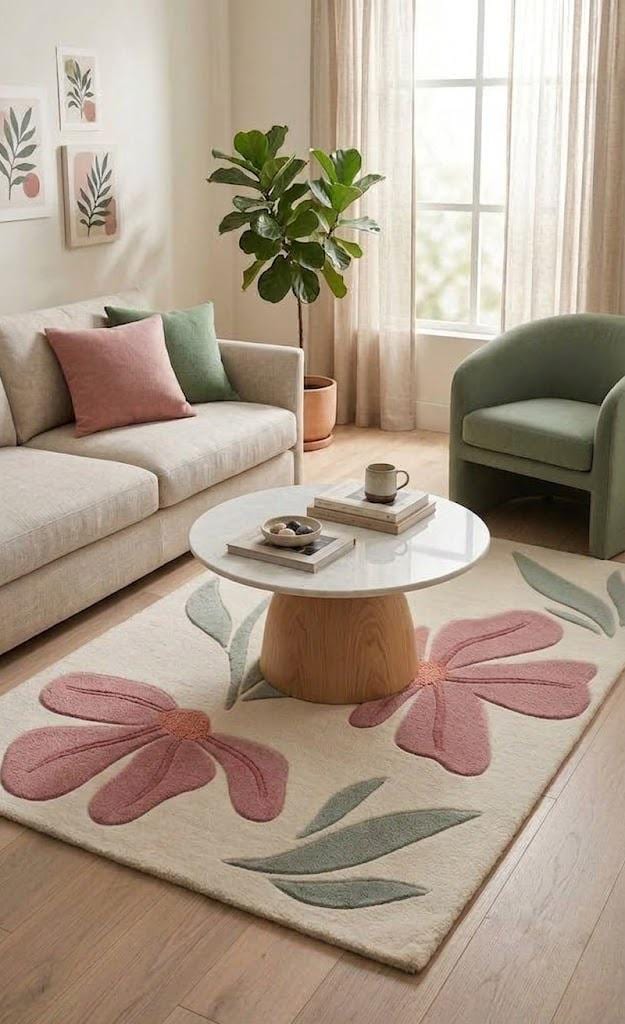 Modern Floral Area Rug, Pink Flower Rug, Cream Handmade Rug
