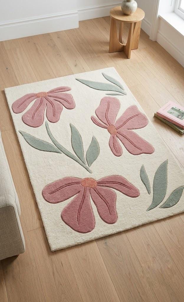 Modern Floral Area Rug, Pink Flower Rug, Cream Handmade Rug