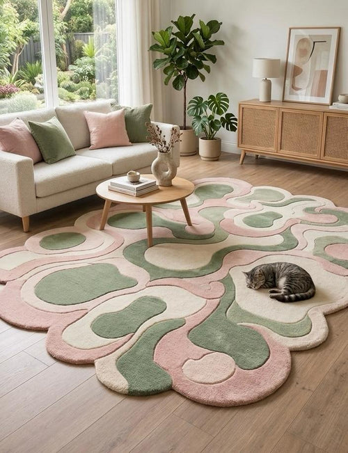 Abstract Tufted Rug, Pink Green Ivory Organic Shapes, Modern Living Room Area Rug