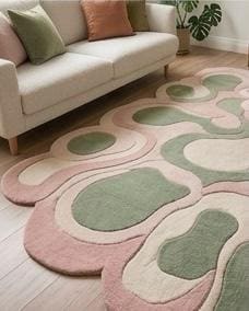 Abstract Tufted Rug, Pink Green Ivory Organic Shapes, Modern Living Room Area Rug