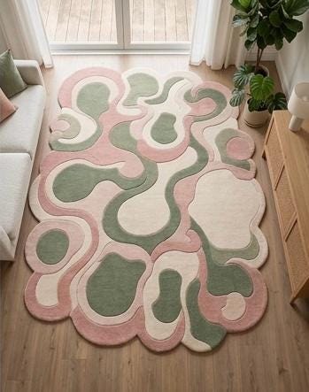 Abstract Tufted Rug, Pink Green Ivory Organic Shapes, Modern Living Room Area Rug