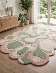 Abstract Tufted Rug, Pink Green Ivory Organic Shapes, Modern Living Room Area Rug