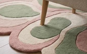 Abstract Tufted Rug, Pink Green Ivory Organic Shapes, Modern Living Room Area Rug