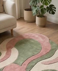 Abstract Tufted Rug, Pink Green Ivory Organic Shapes, Modern Living Room Area Rug