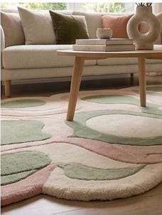 Abstract Tufted Rug, Pink Green Ivory Organic Shapes, Modern Living Room Area Rug