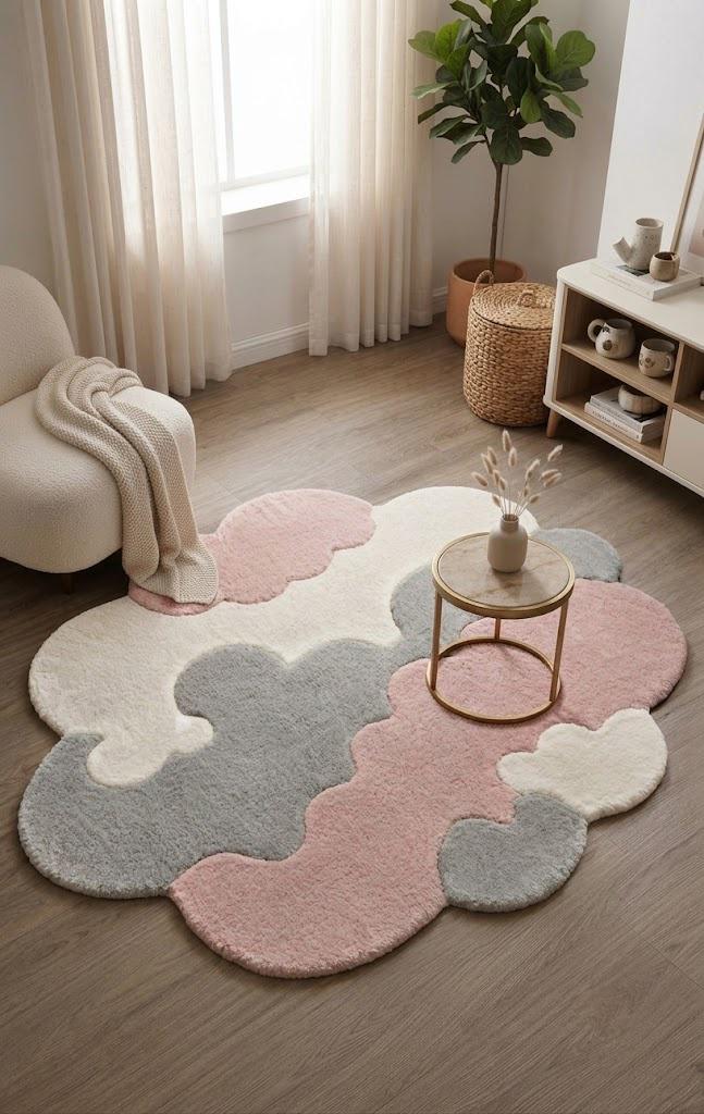 Abstract Cloud Rug, Pastel Organic Area Rug, Modern Statement Carpet, Irregular Shaped Custom Size Japandi Living Room Decor