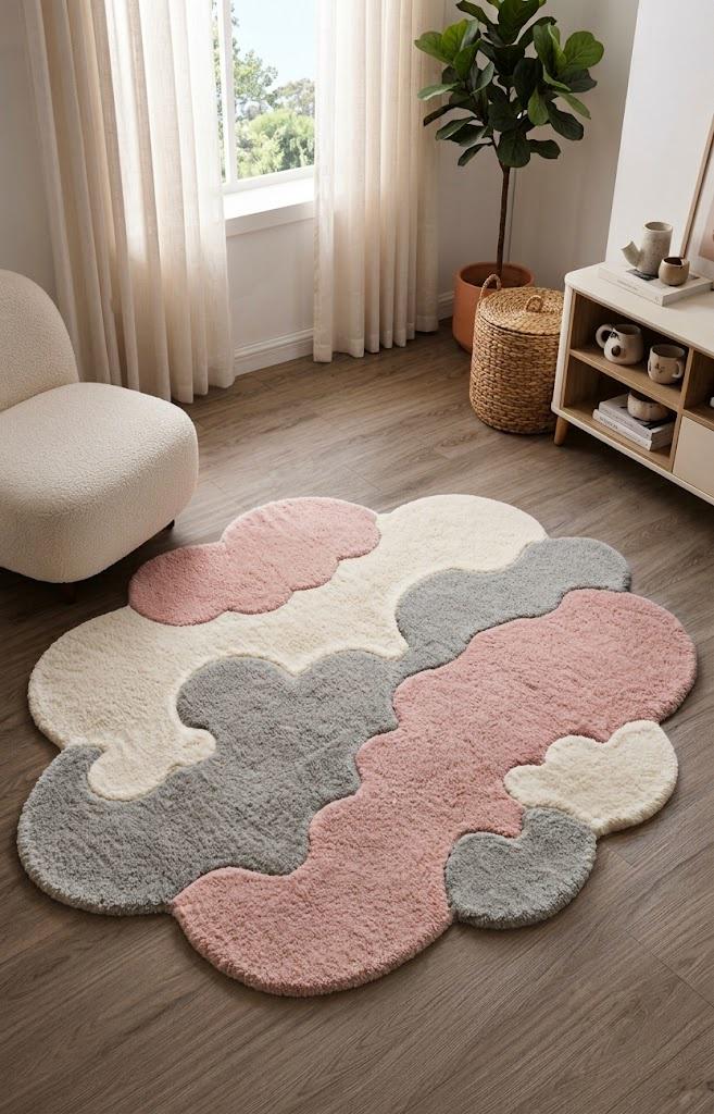 Abstract Cloud Rug, Pastel Organic Area Rug, Modern Statement Carpet, Irregular Shaped Custom Size Japandi Living Room Decor