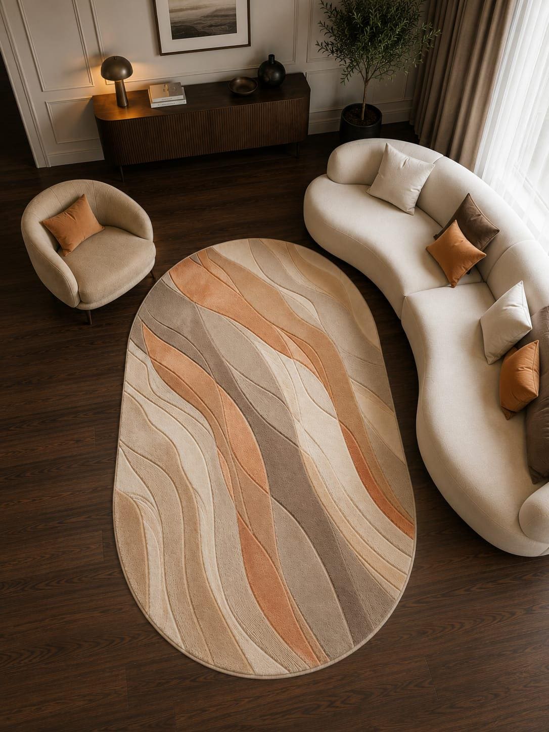 Hand-Tufted Wool Oval Rug, Abstract Waves Carpet, Organic Modern Beige Cream Floor Mat
