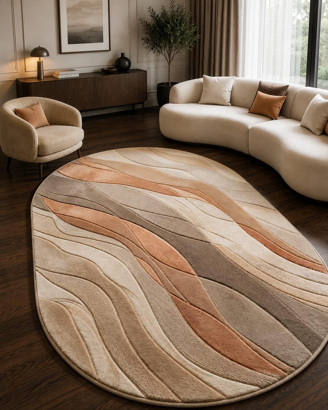Hand-Tufted Wool Oval Rug, Abstract Waves Carpet, Organic Modern Beige Cream Floor Mat