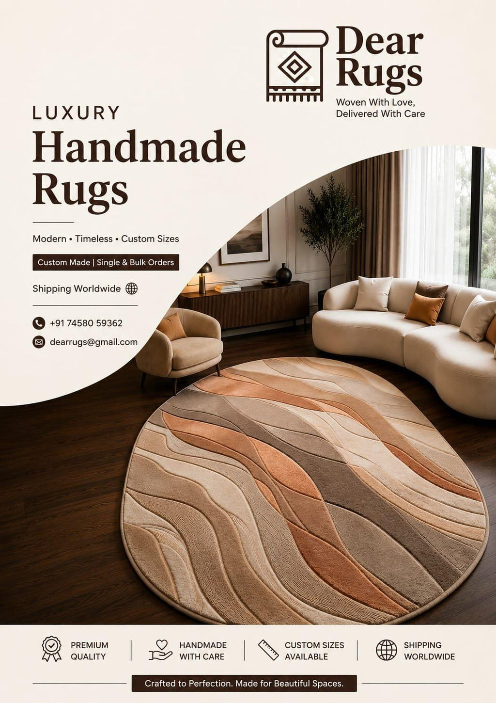 Hand-Tufted Wool Oval Rug, Abstract Waves Carpet, Organic Modern Beige Cream Floor Mat