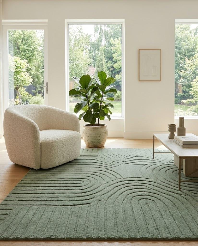 Hand Tufted Sage Green Wool Rug, Abstract Wavy Area Rug, Modern Sculpted Texture Carpet, Living Room Bedroom Rug, Japandi Home Decor