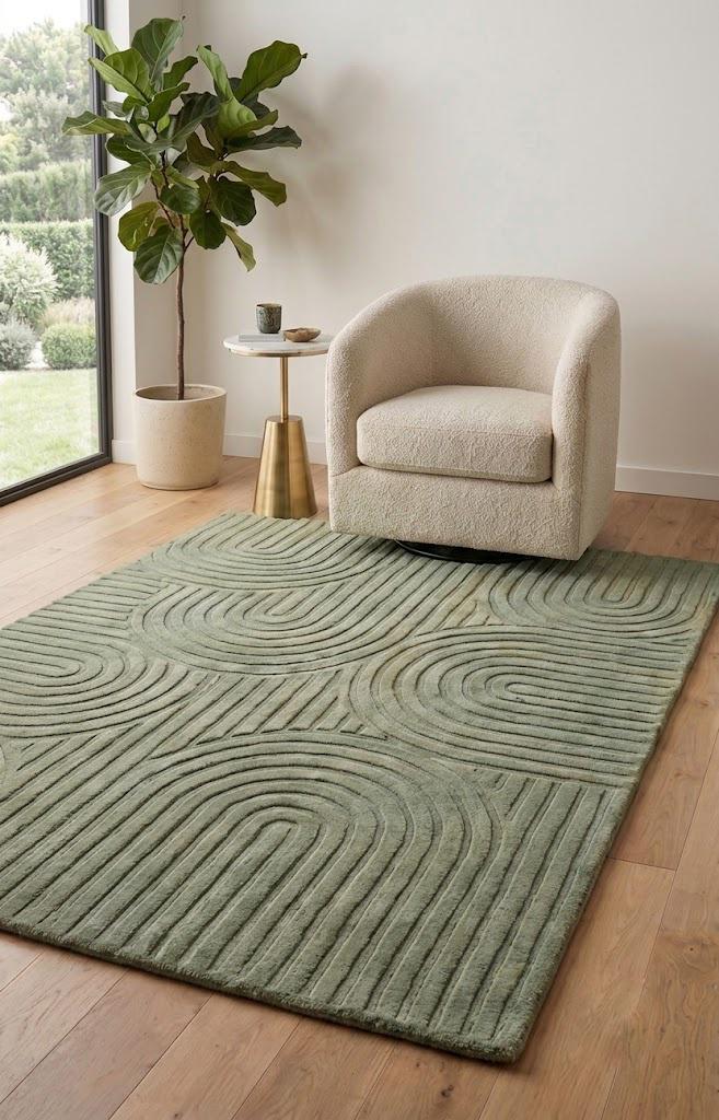 Hand Tufted Sage Green Wool Rug, Abstract Wavy Area Rug, Modern Sculpted Texture Carpet, Living Room Bedroom Rug, Japandi Home Decor