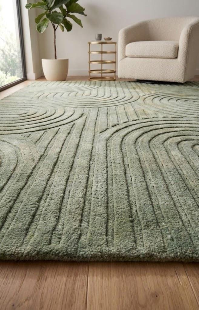 Hand Tufted Sage Green Wool Rug, Abstract Wavy Area Rug, Modern Sculpted Texture Carpet, Living Room Bedroom Rug, Japandi Home Decor