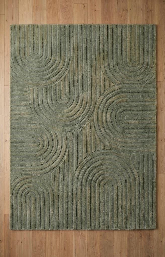 Hand Tufted Sage Green Wool Rug, Abstract Wavy Area Rug, Modern Sculpted Texture Carpet, Living Room Bedroom Rug, Japandi Home Decor