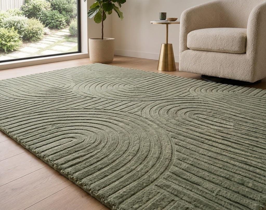 Hand Tufted Sage Green Wool Rug, Abstract Wavy Area Rug, Modern Sculpted Texture Carpet, Living Room Bedroom Rug, Japandi Home Decor