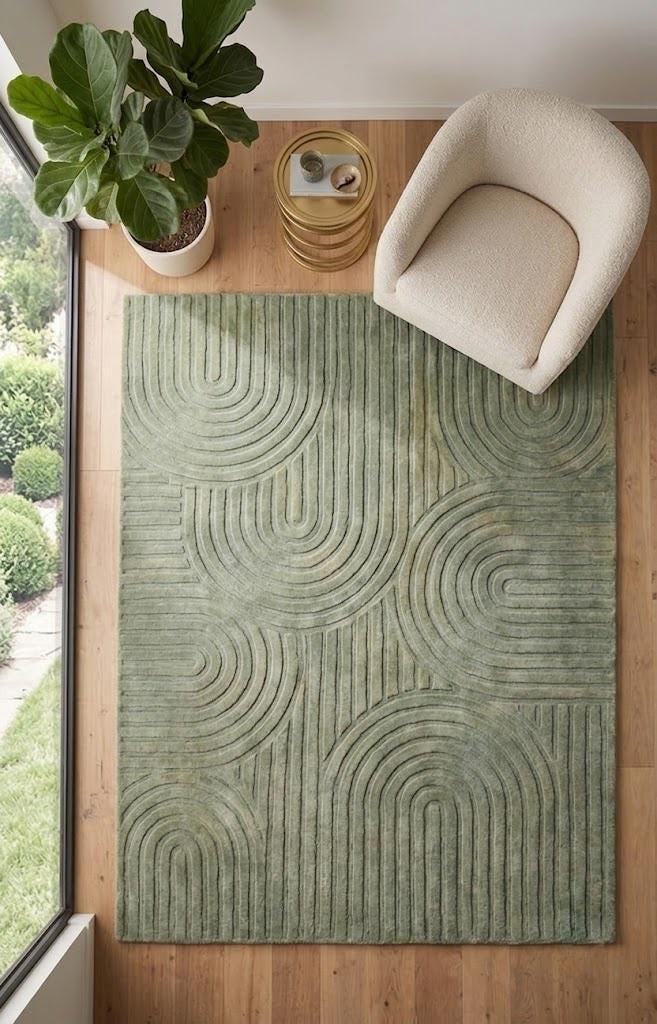 Hand Tufted Sage Green Wool Rug, Abstract Wavy Area Rug, Modern Sculpted Texture Carpet, Living Room Bedroom Rug, Japandi Home Decor