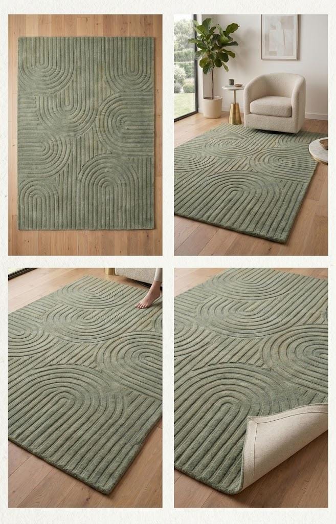 Hand Tufted Sage Green Wool Rug, Abstract Wavy Area Rug, Modern Sculpted Texture Carpet, Living Room Bedroom Rug, Japandi Home Decor