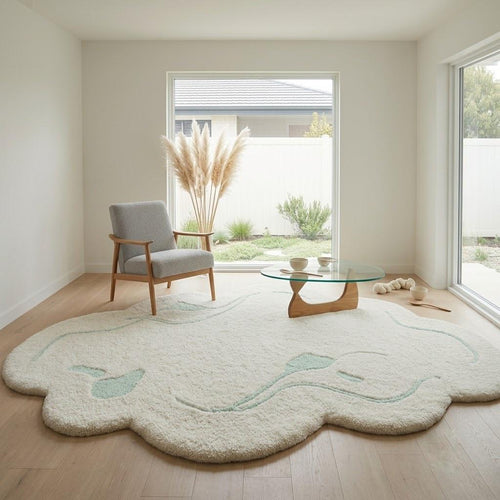 Cream Abstract Area Rug, Irregular Shape Rug, Sage Green Organic Tufted Rug
