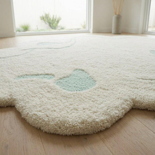 Cream Abstract Area Rug, Irregular Shape Rug, Sage Green Organic Tufted Rug