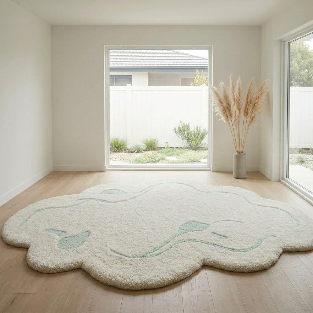 Cream Abstract Area Rug, Irregular Shape Rug, Sage Green Organic Tufted Rug