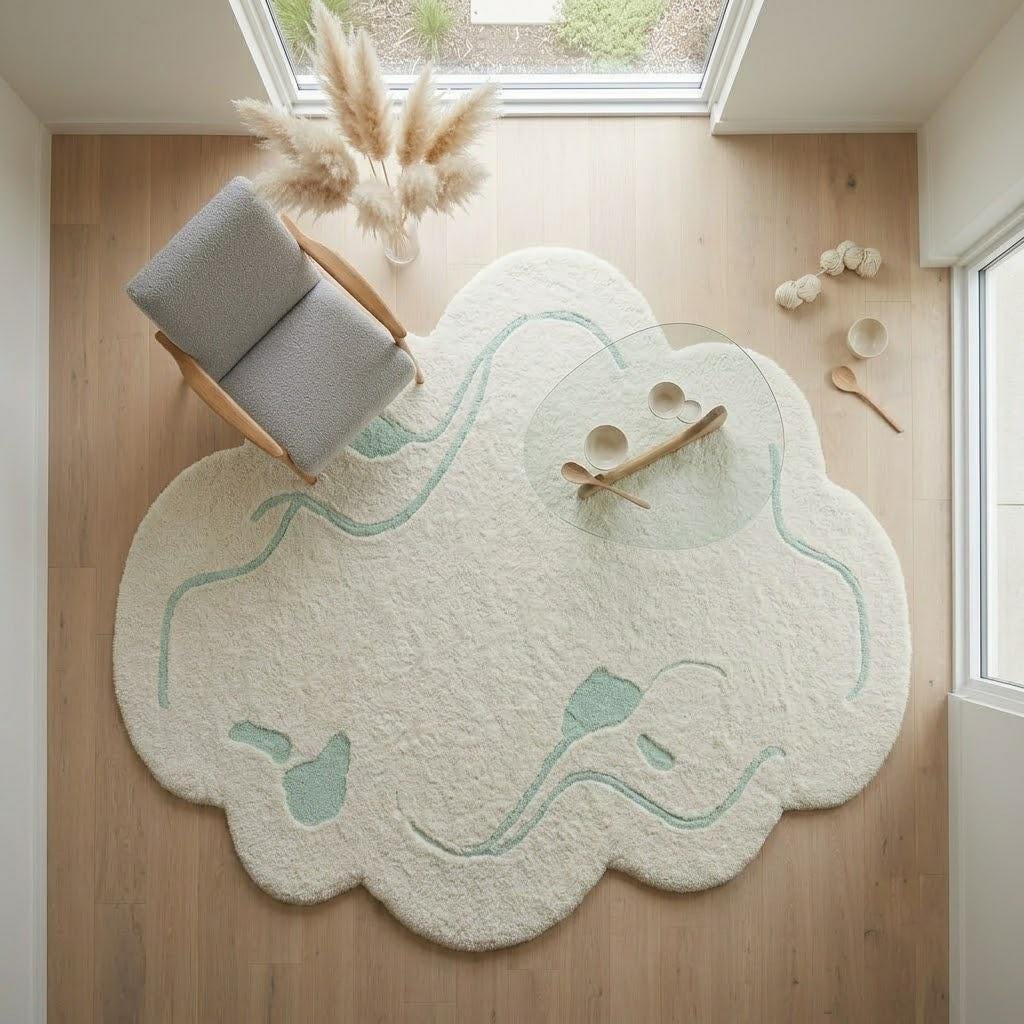 Cream Abstract Area Rug, Irregular Shape Rug, Sage Green Organic Tufted Rug