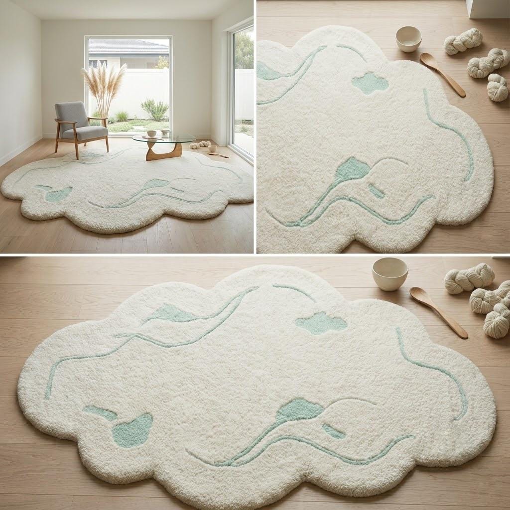 Cream Abstract Area Rug, Irregular Shape Rug, Sage Green Organic Tufted Rug