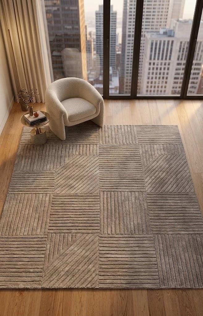 Modern Geometric Area Rug, Neutral Beige Taupe Textured Rug, Contemporary Living Room Carpet