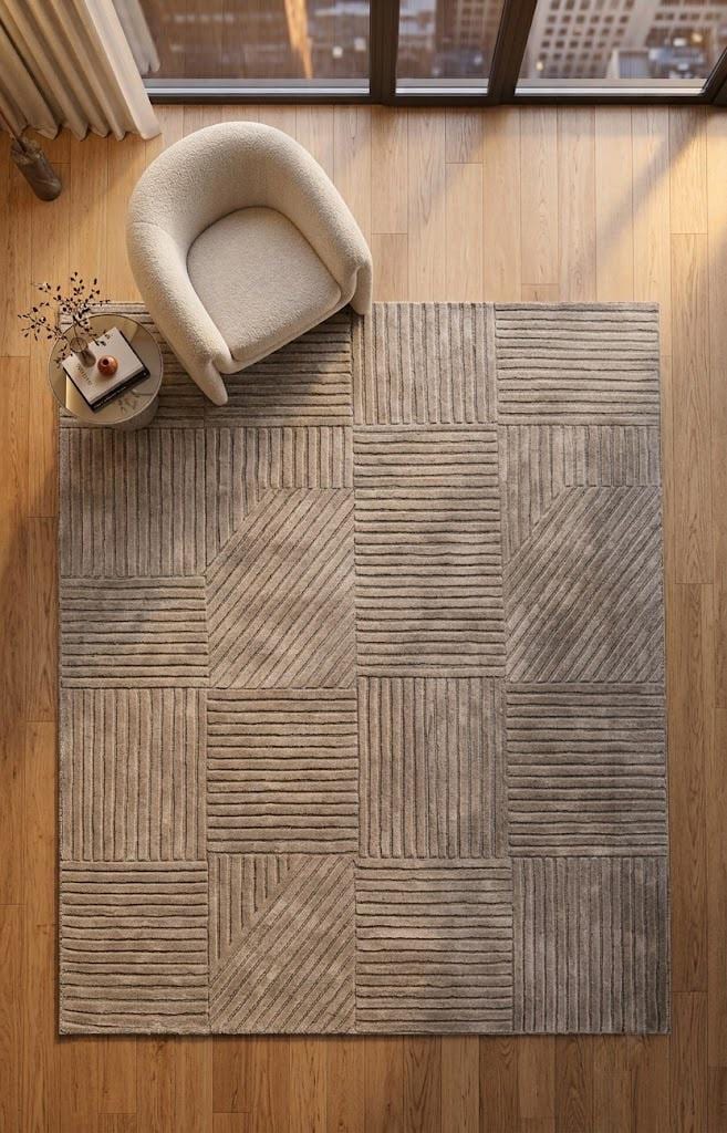 Modern Geometric Area Rug, Neutral Beige Taupe Textured Rug, Contemporary Living Room Carpet