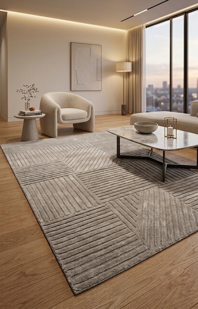 Modern Geometric Area Rug, Neutral Beige Taupe Textured Rug, Contemporary Living Room Carpet