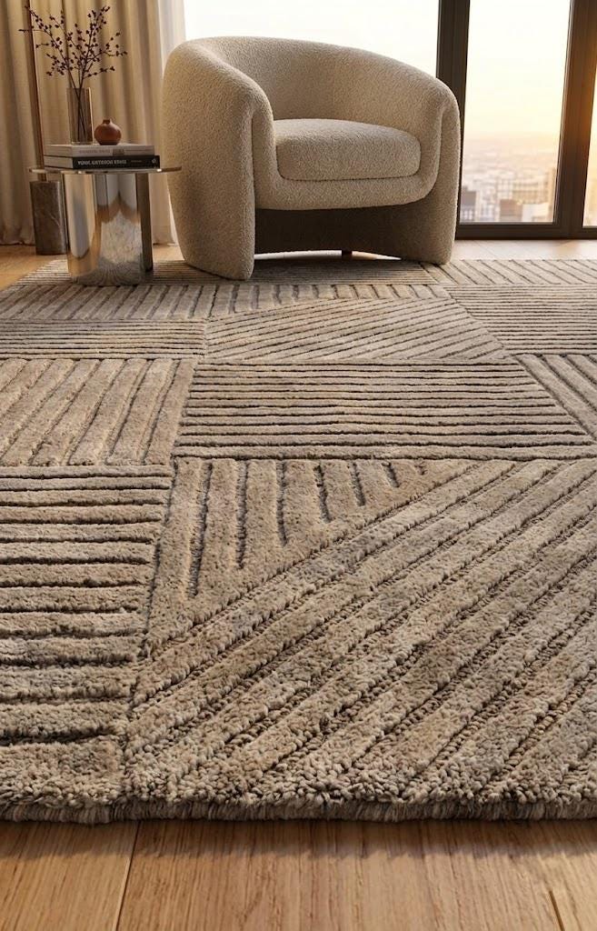 Modern Geometric Area Rug, Neutral Beige Taupe Textured Rug, Contemporary Living Room Carpet