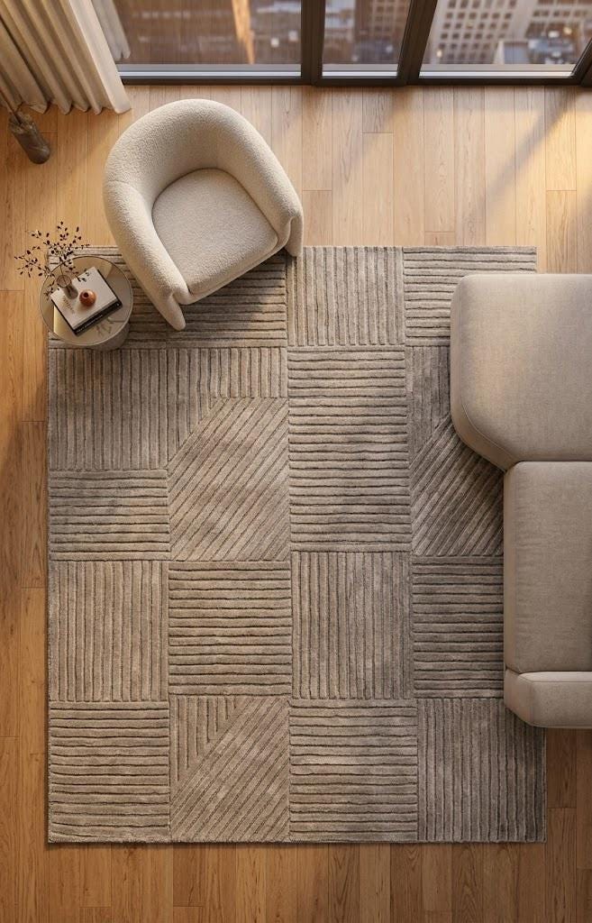 Modern Geometric Area Rug, Neutral Beige Taupe Textured Rug, Contemporary Living Room Carpet