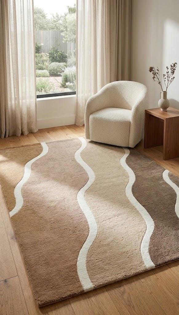 Beige Abstract Area Rug, Wavy Modern Rug, Neutral Tufted Rug, Organic Wave Design