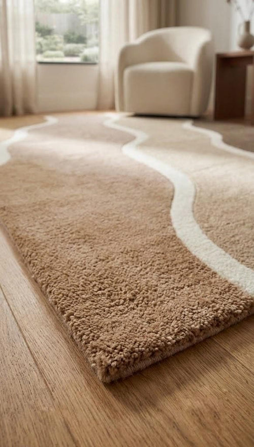 Beige Abstract Area Rug, Wavy Modern Rug, Neutral Tufted Rug, Organic Wave Design