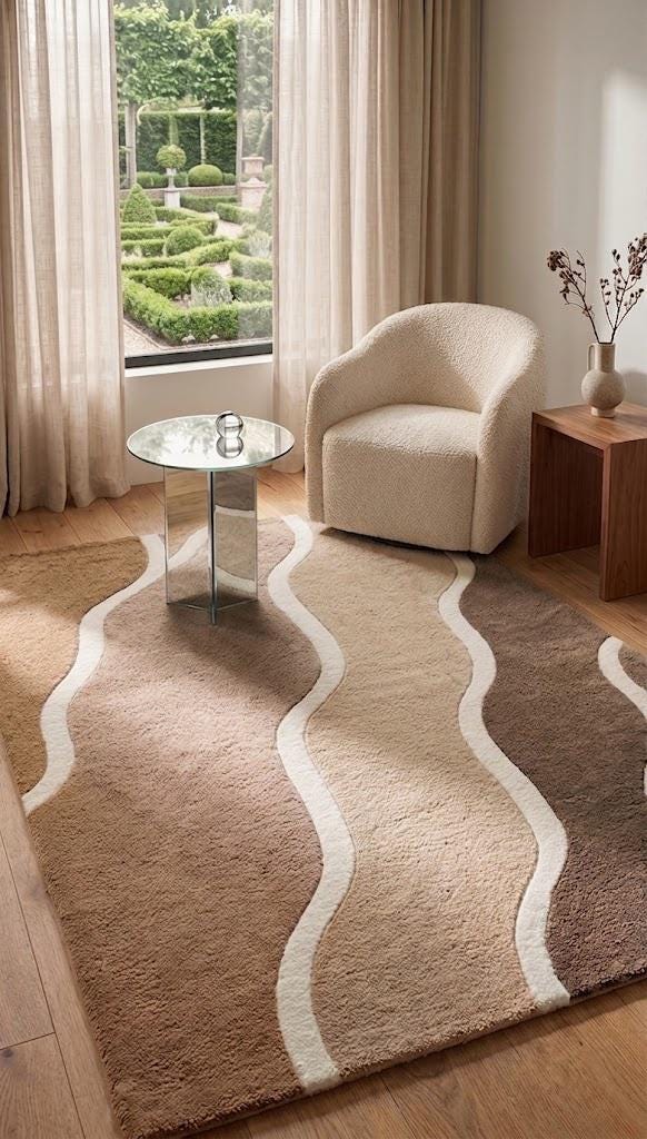 Beige Abstract Area Rug, Wavy Modern Rug, Neutral Tufted Rug, Organic Wave Design