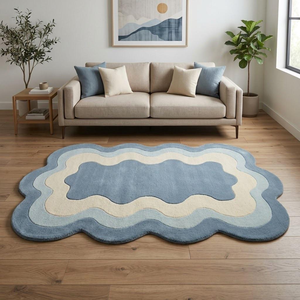 Blue and Cream Scalloped Wool Rug, Hand Tufted Wavy Carpet, Custom Sizes – view 1