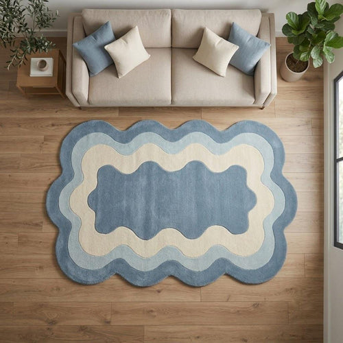 Blue and Cream Scalloped Wool Rug, Hand Tufted Wavy Carpet, Custom Sizes – view 2