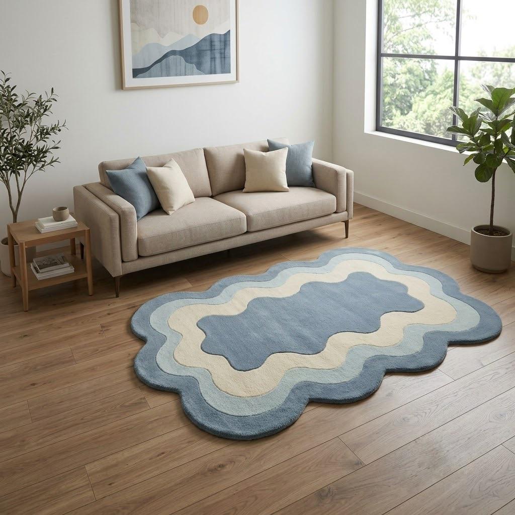 Blue and Cream Scalloped Wool Rug, Hand Tufted Wavy Carpet, Custom Sizes – view 4
