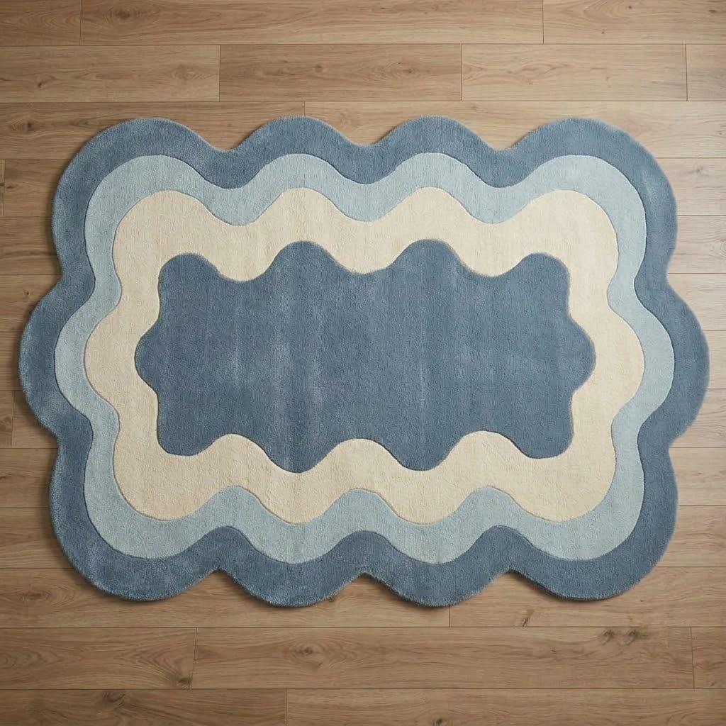 Blue and Cream Scalloped Wool Rug, Hand Tufted Wavy Carpet, Custom Sizes – view 5