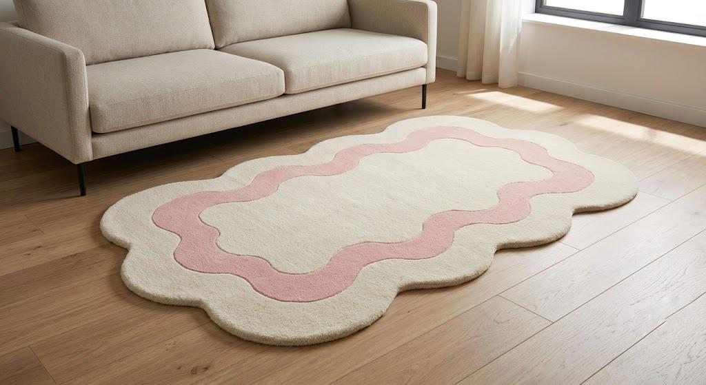 Pink and Cream Scalloped Wool Rug, Hand Tufted Wavy Carpet, Custom Sizes – view 1