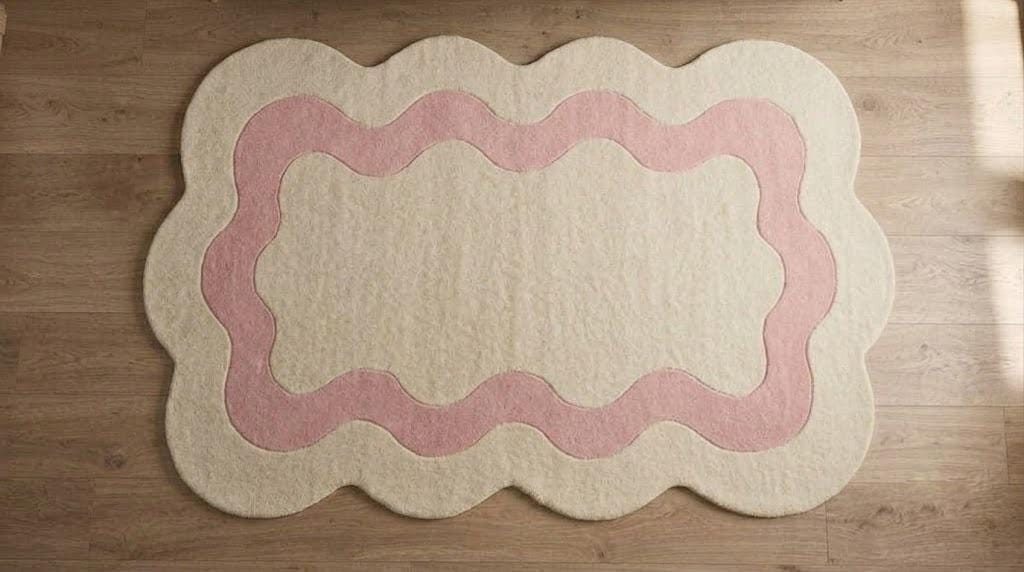 Pink and Cream Scalloped Wool Rug, Hand Tufted Wavy Carpet, Custom Sizes – view 2
