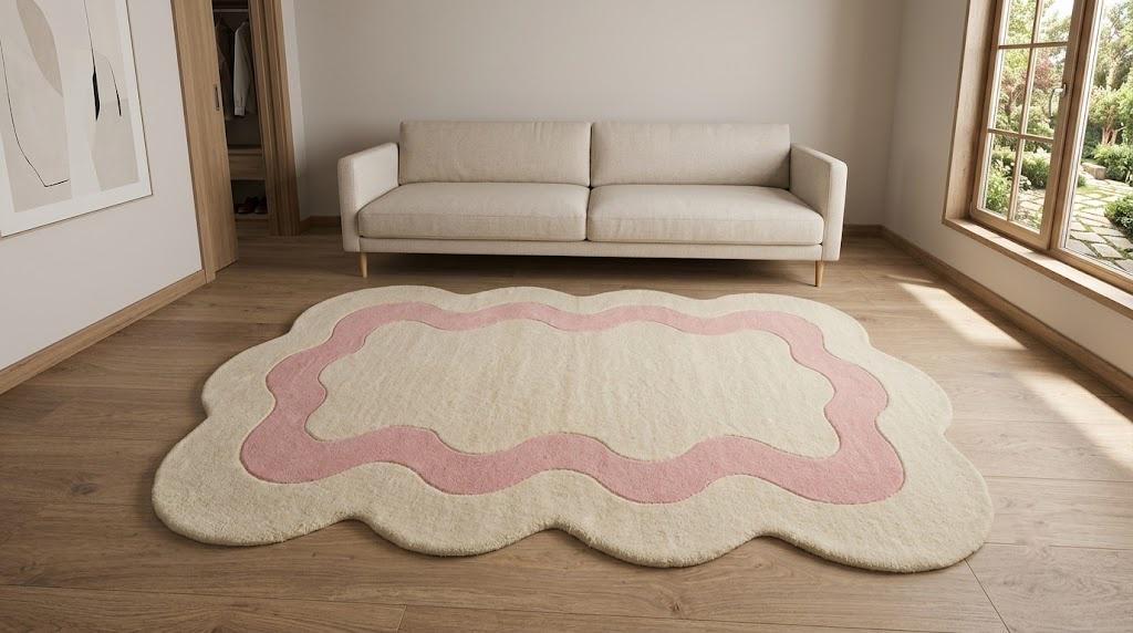 Pink and Cream Scalloped Wool Rug, Hand Tufted Wavy Carpet, Custom Sizes – view 4