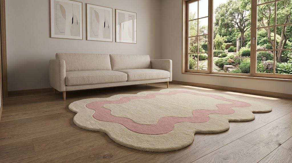 Pink and Cream Scalloped Wool Rug, Hand Tufted Wavy Carpet, Custom Sizes – view 5