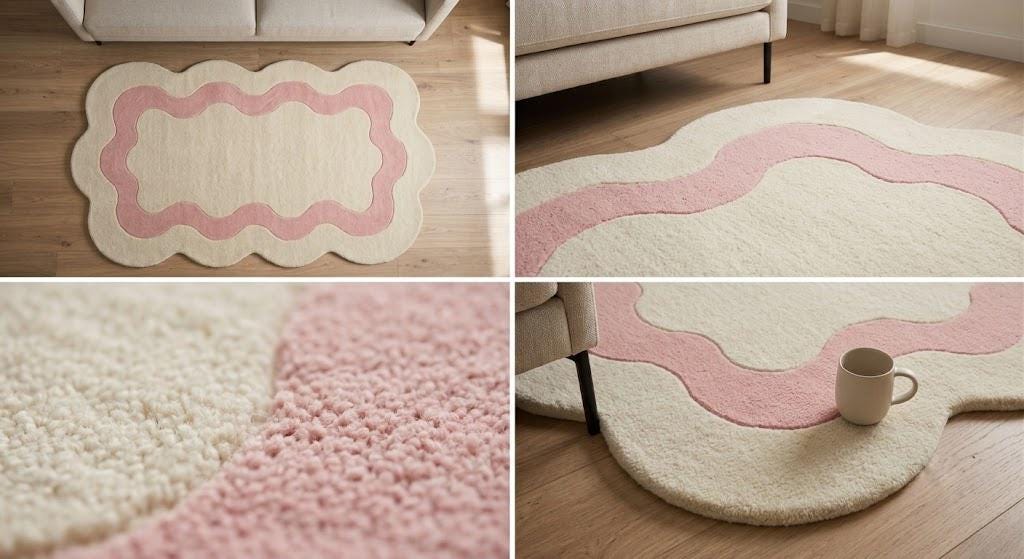 Pink and Cream Scalloped Wool Rug, Hand Tufted Wavy Carpet, Custom Sizes – view 6