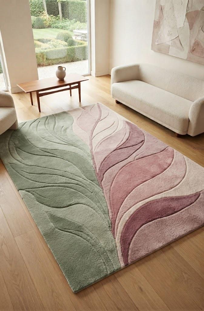 Sage Green Pink Abstract Area Rug, Modern Tufted Wool Rug, Organic Wave Design – view 1