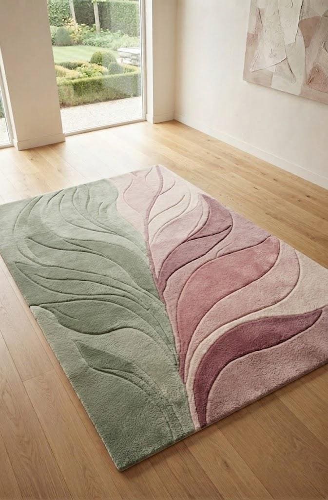 Sage Green Pink Abstract Area Rug, Modern Tufted Wool Rug, Organic Wave Design – view 2